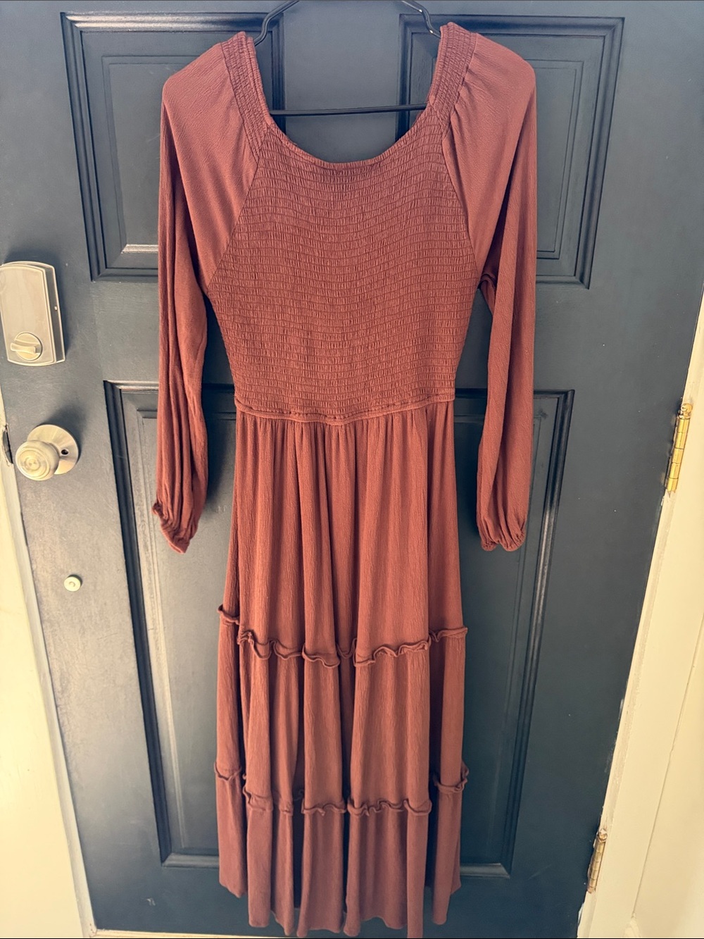Smocked V-Neck Long Sleeve Maxi Dress - Brown - Picture 5 of 6